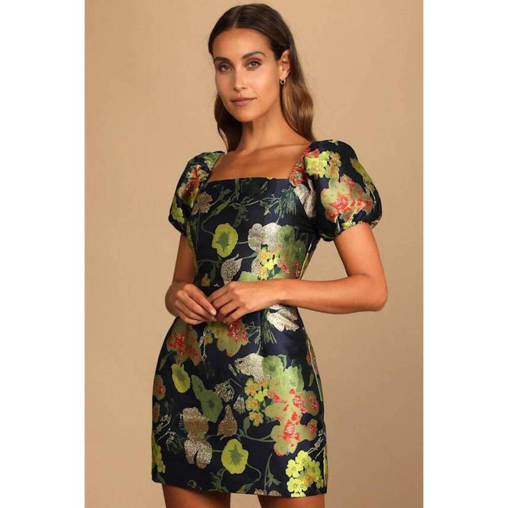 Lulus So Stunning Navy Blue Floral Jacquard Puff Sleeve Mini Dress - Size M